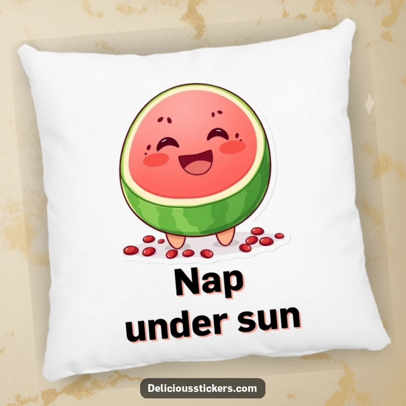 Funny pillow depicting a cheerful watermelon slice character grinning widely, with scattered seeds, perfect for whimsical comfort.