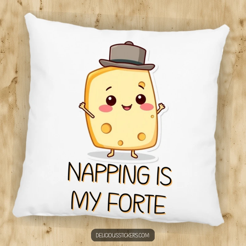 Funny Cheese Wedge Pillow featuring a happy cheese character balancing a small hat, soft and amusing home decor.