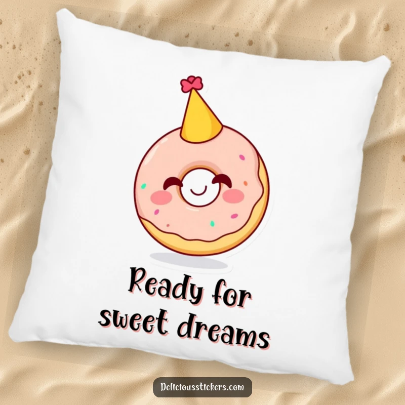 Funny throw pillow featuring a happy, giggling doughnut wearing a festive party hat, promising sweet dreams and a touch of playful decor.