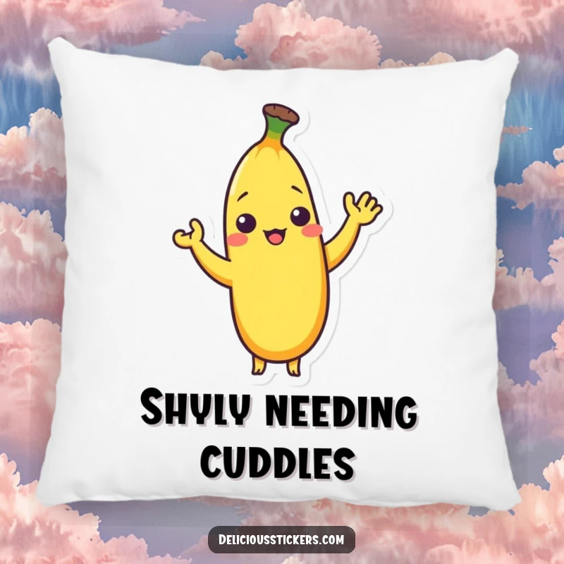 Funny throw pillow featuring a shy banana character giving a small, silly wave, designed for comfort and charm.