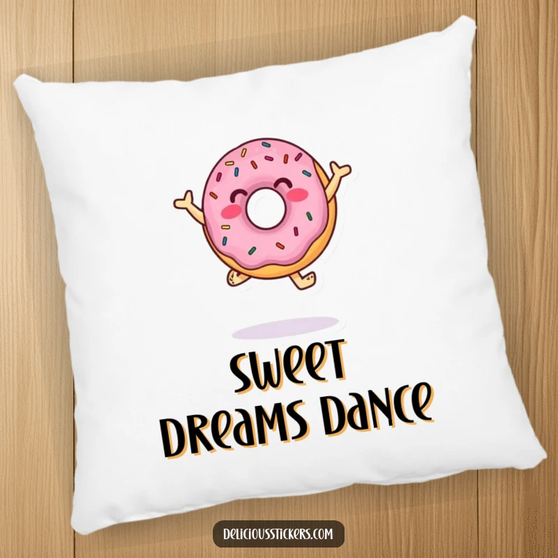 Funny Pillow featuring a jumping donut character with sprinkles in a dance pose, adding playful charm and comfort.