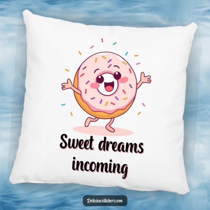 Funny pillow with a cheerful donut character doing a silly dance with sprinkles flying around it.