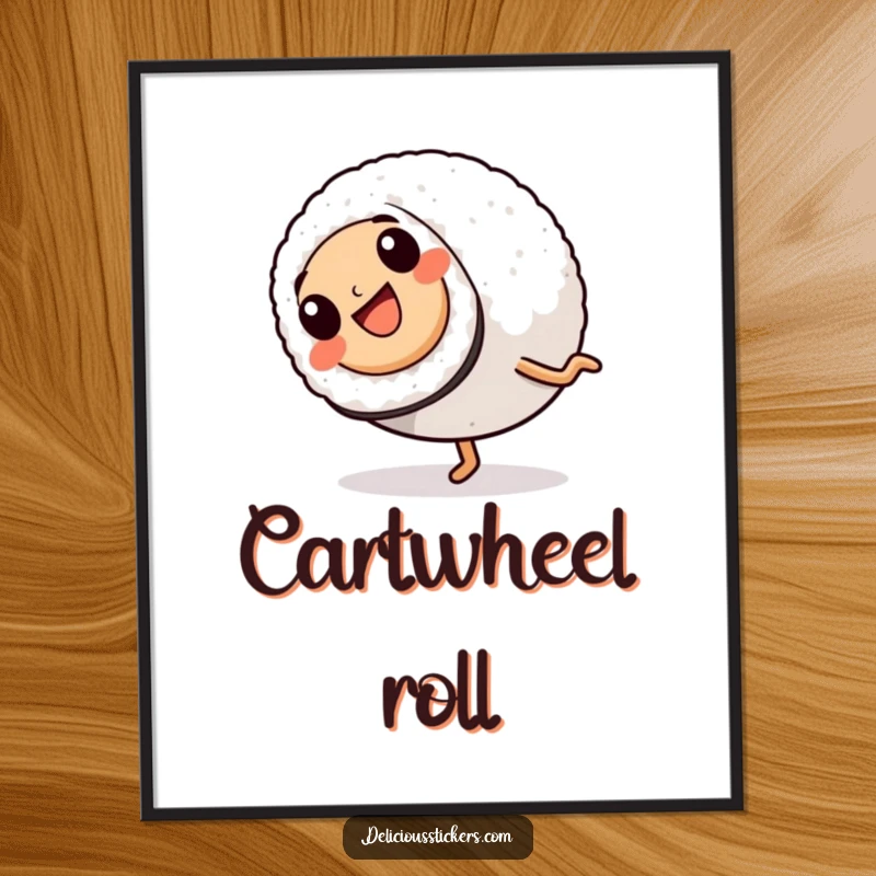 Funny Digital Art Print: A sushi roll with legs is captured mid-cartwheel, bringing dynamic energy and humorous charm to any space.