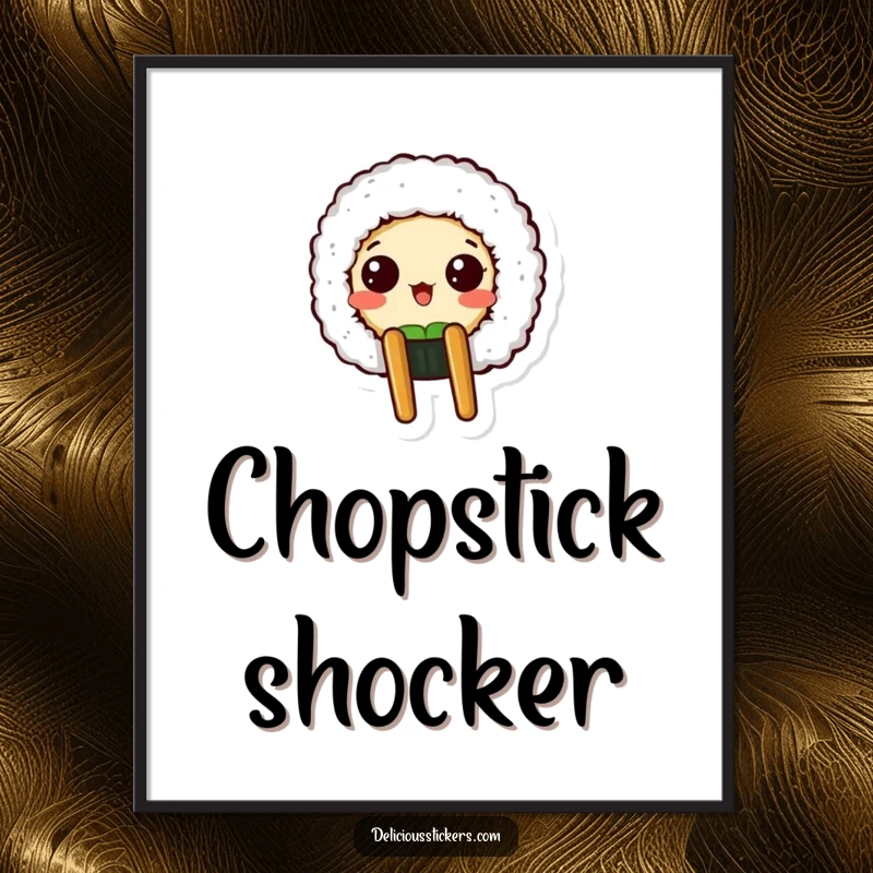 Funny digital art print of a surprised sushi roll character peeking from a chopstick holder, perfect for immediate decor.