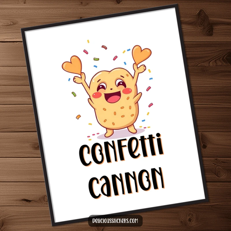 Funny pretzel character with a big grin throwing confetti, a downloadable digital art print radiating cheesy joy.