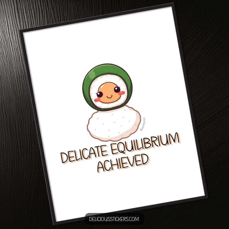 Funny digital art print of a smiling sushi roll character perfectly balanced on a single grain of rice, embodying culinary art.