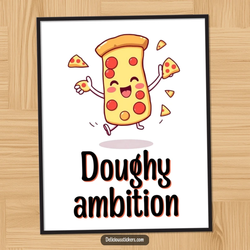 Funny digital art of a pizza slice character juggling itself, symbolizing fun, celebration, and deliciousness.