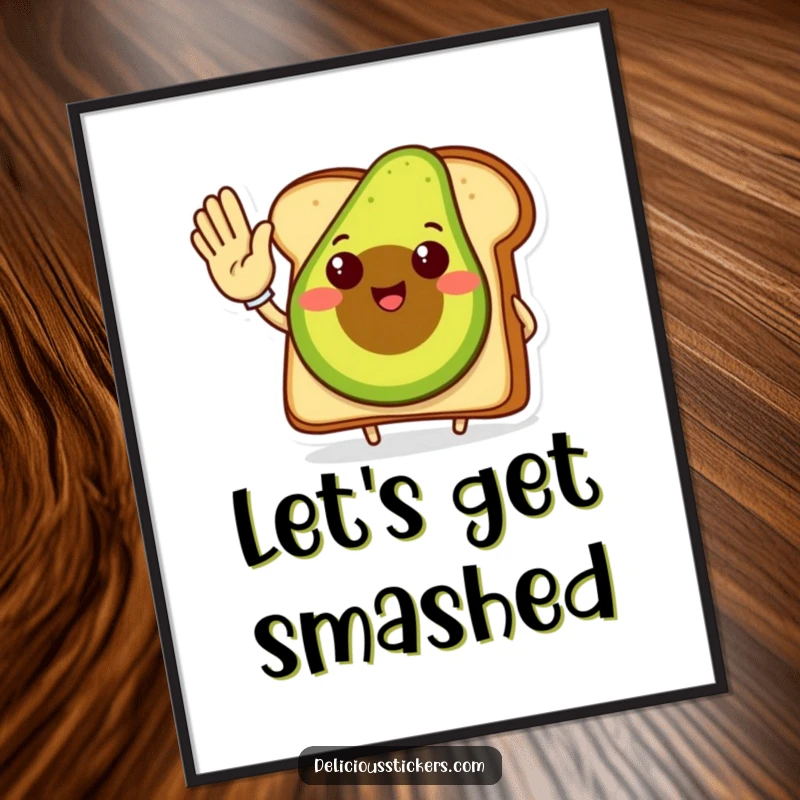 Funny avocado toast digital art print, a smiling avocado toast character giving a high five, positive and fun.