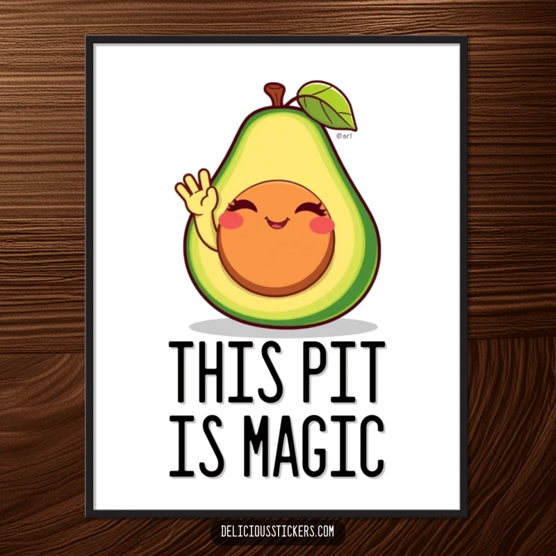 Funny avocado digital art print of the character winking and waving, ready to be printed for instant healthy and humorous wall decor.