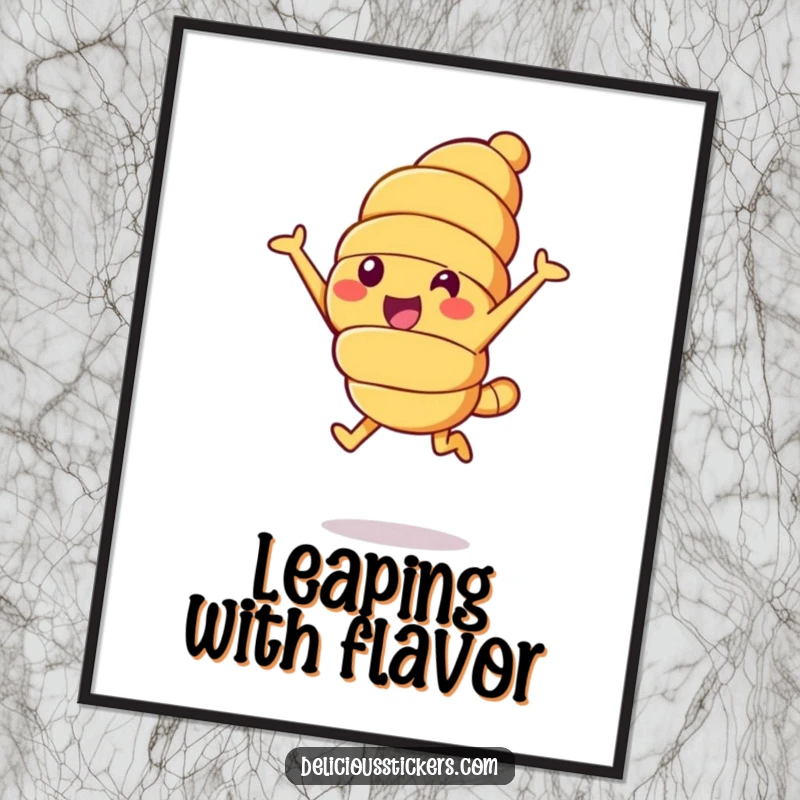 Funny croissant leap digital art print, a cheerful croissant character leaping into the air, joyful and fun.