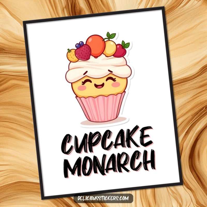 Funny digital art print of a giggling cupcake character trying to wear a fruit crown, perfect for adding sweet humor to decor.