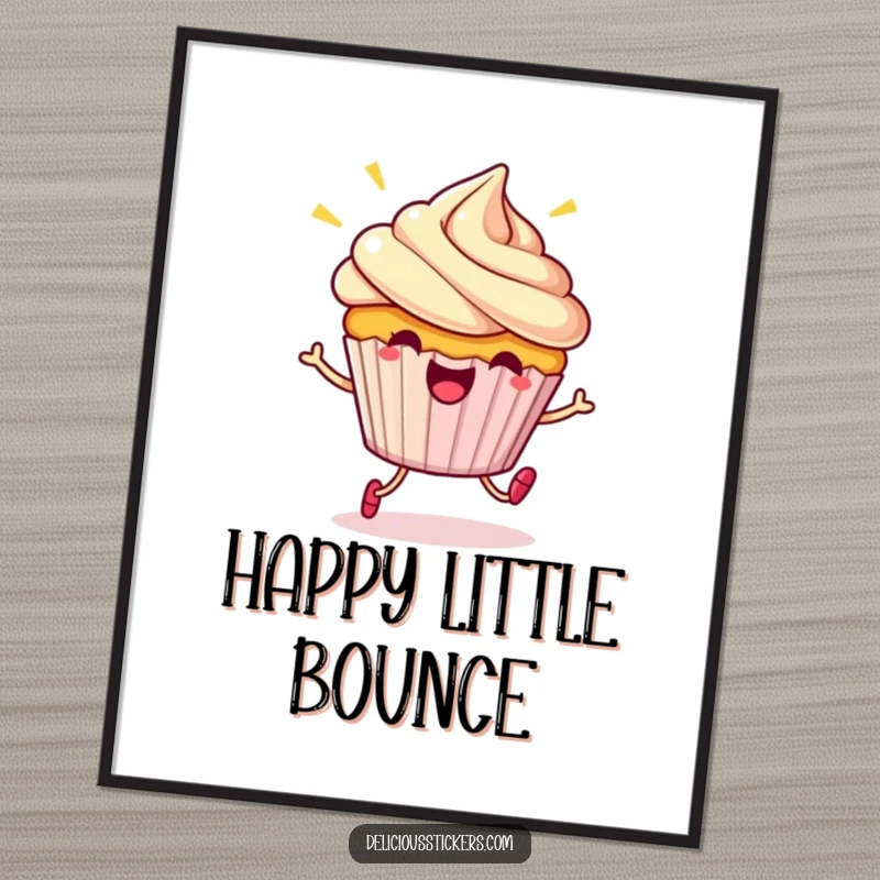 Funny Digital Art Print: Beaming cupcake character doing a little hop, perfect for joyful and sweet digital decor.