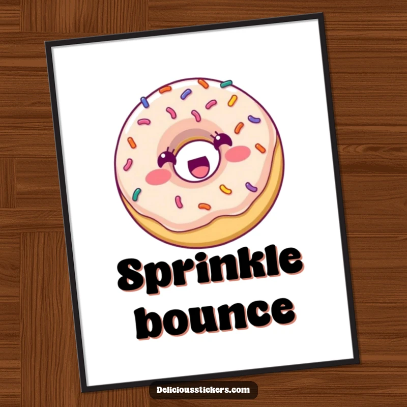 Funny Digital Art Print: A happy donut with colorful sprinkles is captured bouncing energetically, bringing playful sweetness to any space.