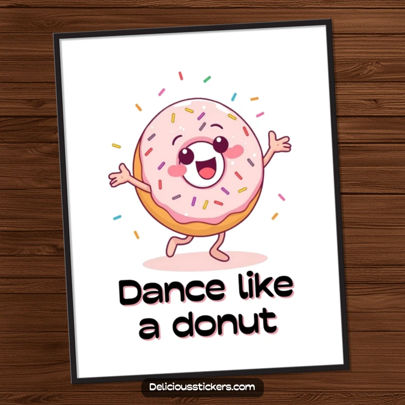 Funny digital art print of a cheerful donut character doing a silly dance with sprinkles flying.
