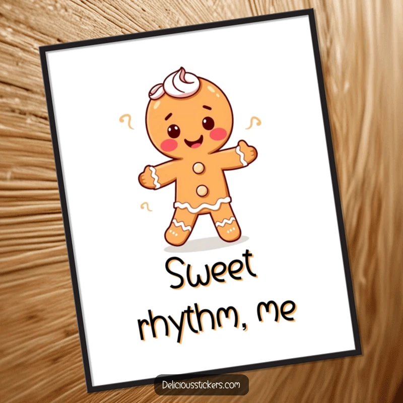 Funny gingerbread man doing a jig with frosting swirls, this downloadable art brings holiday humor, perfect funny gift.