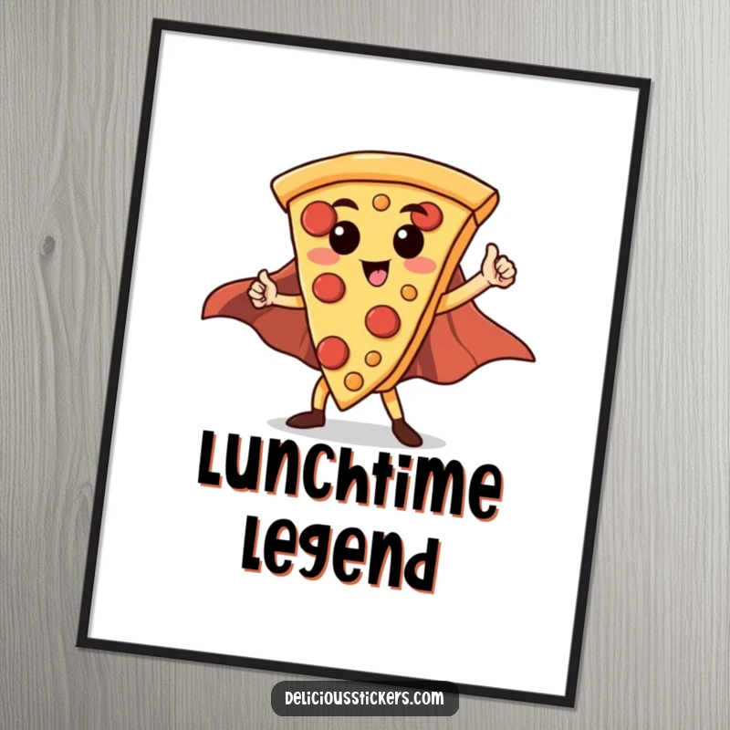 Funny Hero Pizza Slice Digital Art Print: A proud pizza slice dons a cape and strikes a heroic pose, ready for digital display.
