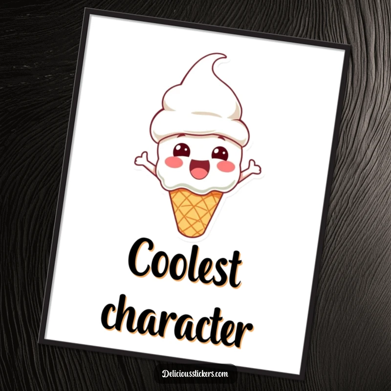 Funny Digital Art Print of an excited ice cream cone character wearing a cone hat, perfect for instant wall art.