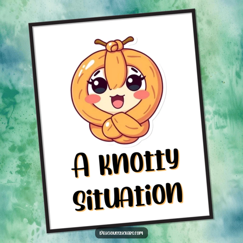Funny surprised pretzel character tied in a knot, available as a digital art print for instant humorous decor.