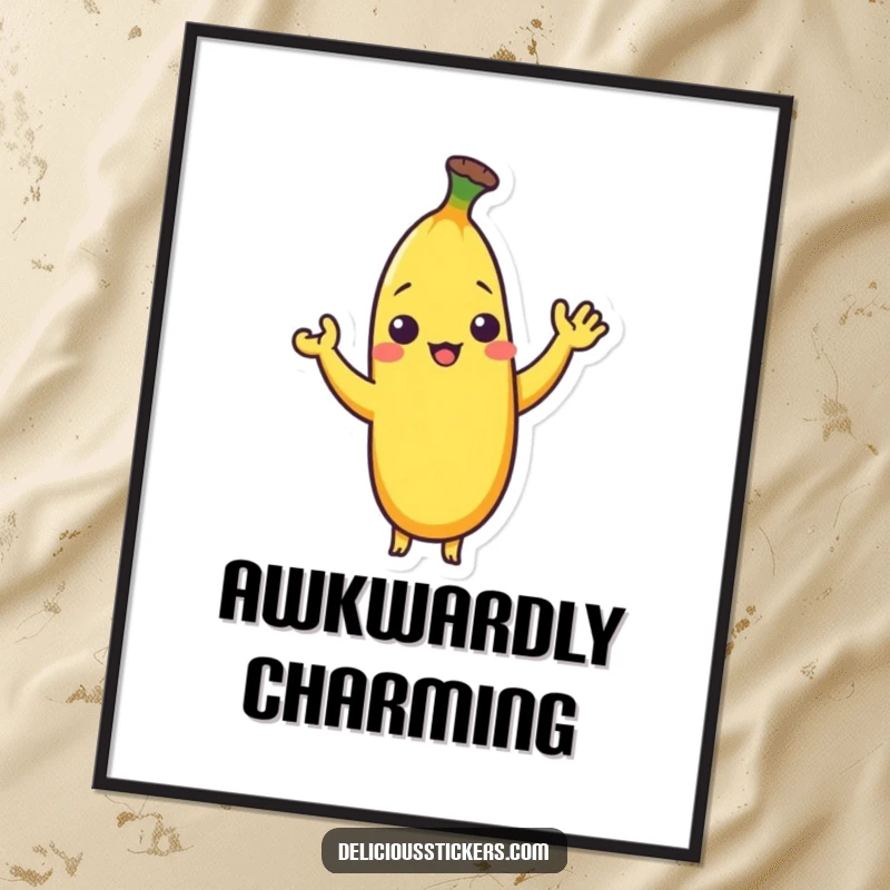 Funny digital art print of a shy banana character giving a small, silly wave, ready for instant decor.