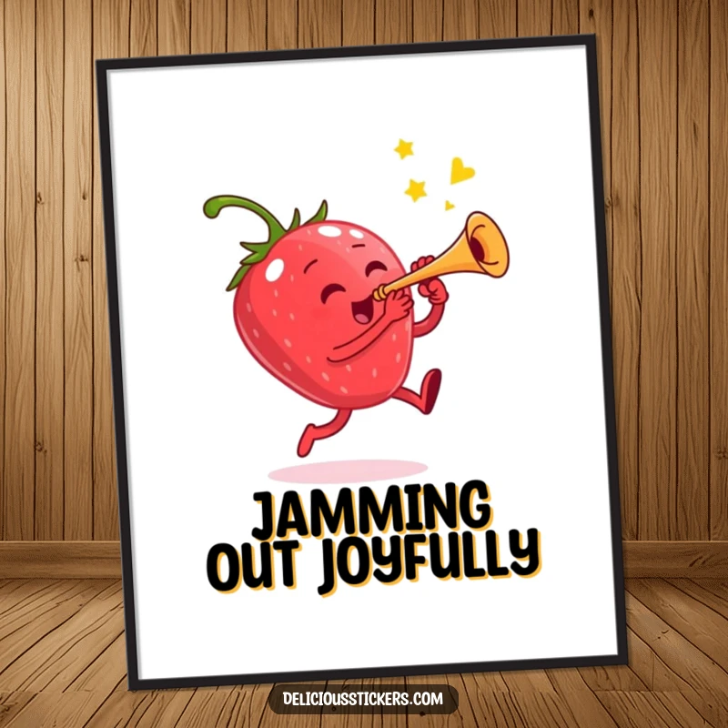 Funny digital art print of a jumping strawberry character playing a tiny trumpet, ready for instant festive decor.