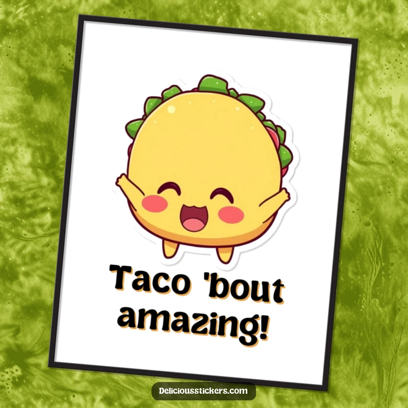 Funny digital art print of an excited taco character with wide eyes, cheering loudly, bringing festive Mexican food fun to your walls.