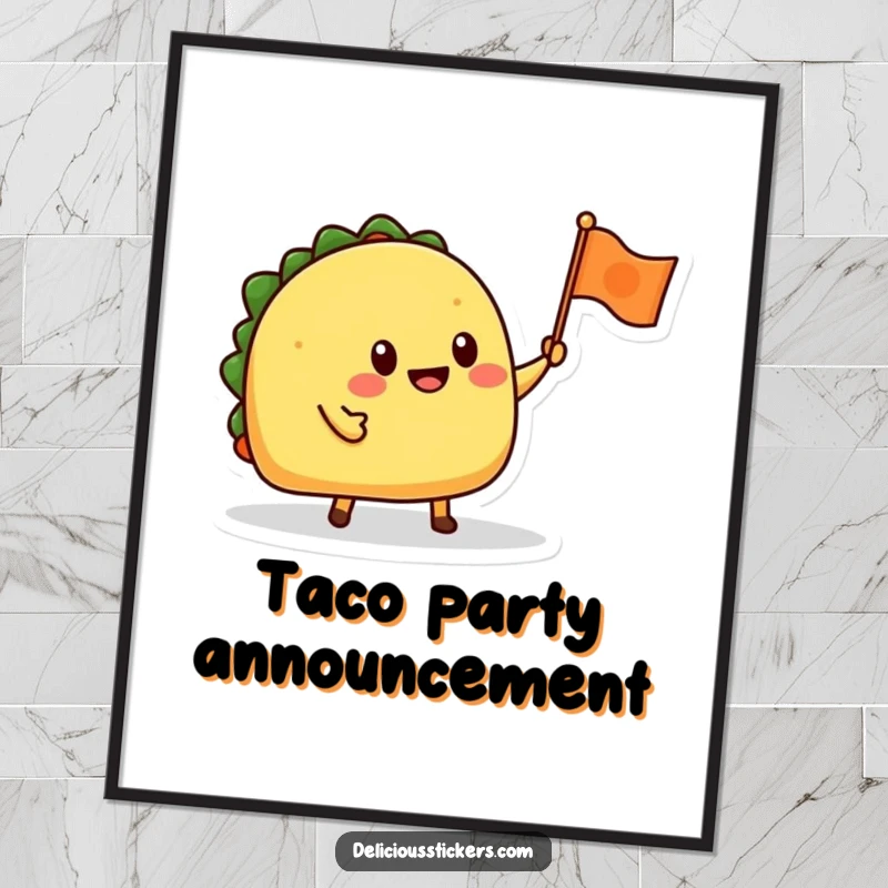 Funny digital art print of a happy taco character waving a small flag, perfect for instant festive decor.