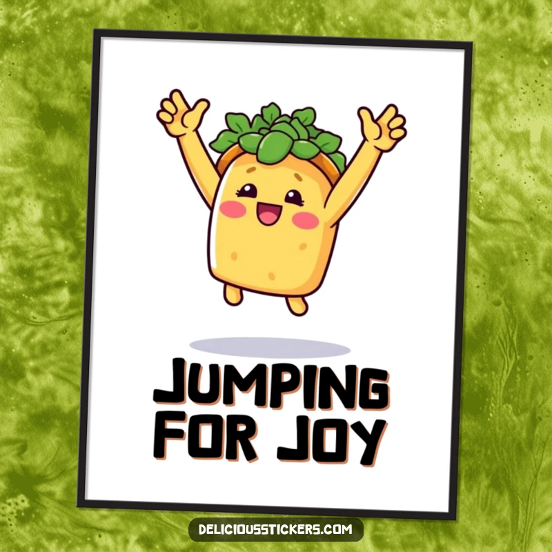 Funny taco joy digital art print of a smiling taco doing a triumphant jump with arms raised, symbolizing celebration.