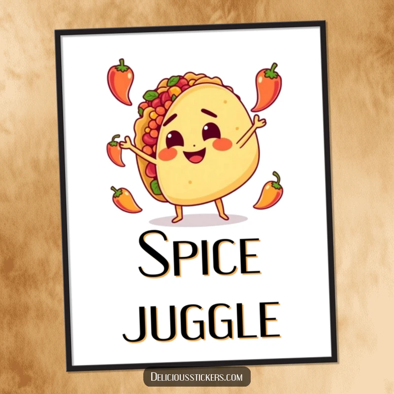 Funny Digital Art Print: A determined taco character juggles tiny spicy peppers, bringing a lively and humorous artistic flair.