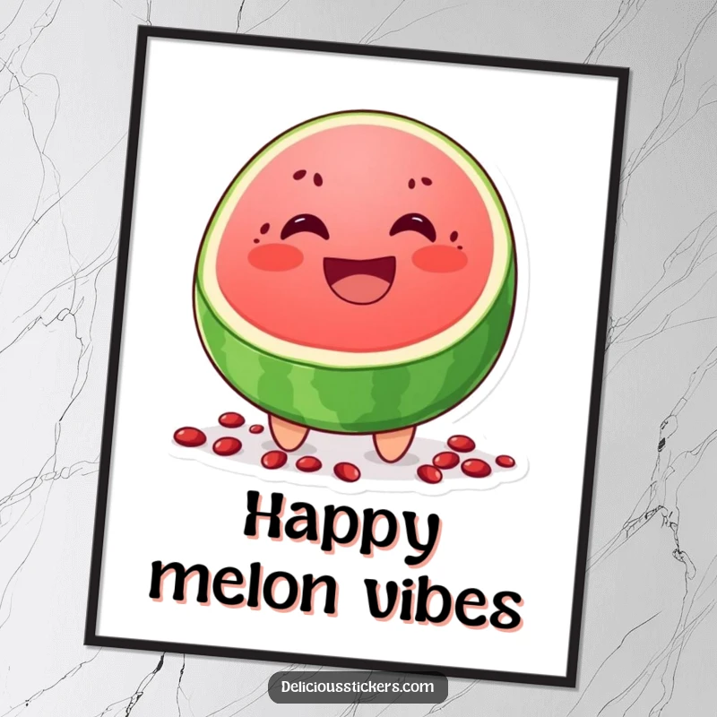 Funny digital art of a grinning watermelon slice character with scattered seeds, symbolizing summer joy and refreshment.