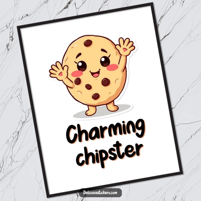 Funny digital art print of a friendly waving cookie character with chocolate chip freckles, perfect for adding sweet humor to decor.