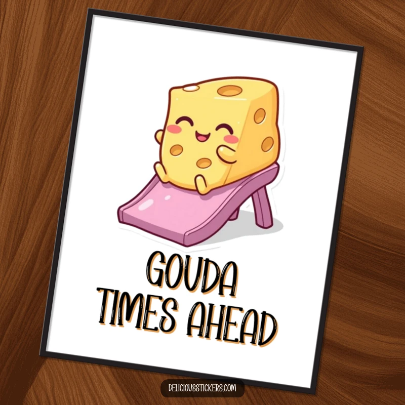 Funny winking cheese digital art print, captured mid-slide with a playful wink, bringing thrilling dairy humor to any space.