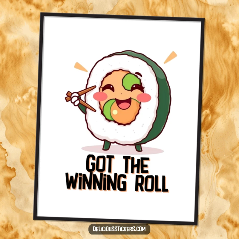 Funny sushi roll character doing a victory pose with chopsticks, this downloadable art brings foodie humor, perfect funny gift.