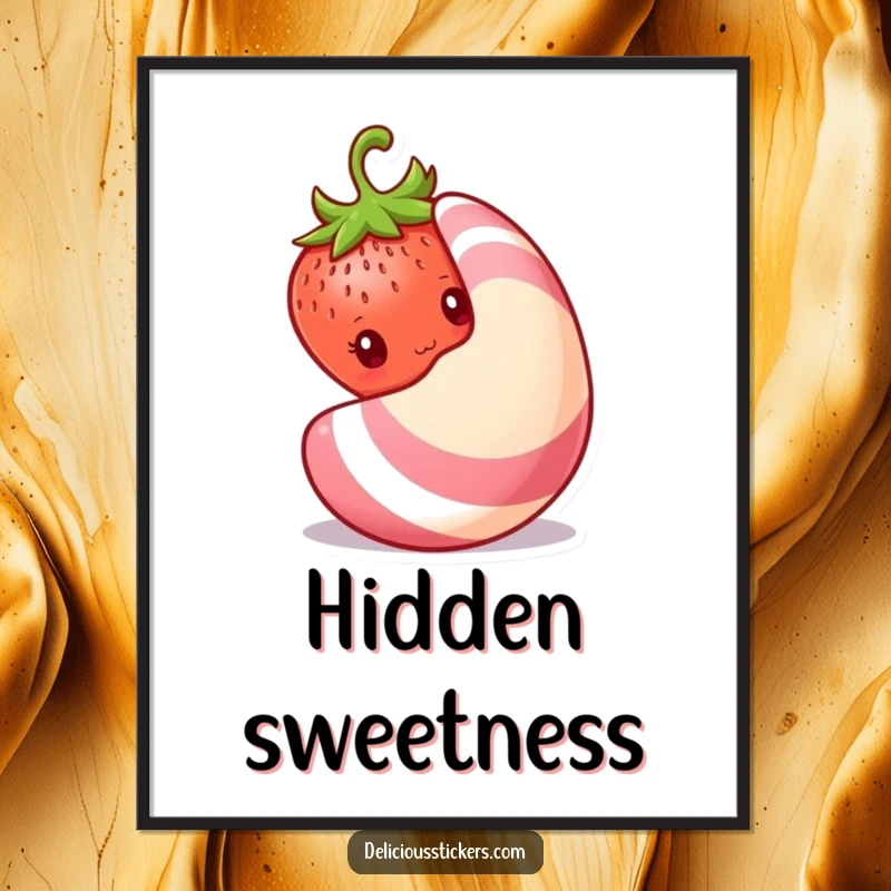 Funny shy strawberry digital art print, a strawberry peeks shyly from behind a large candy, bringing instant bashful cuteness.