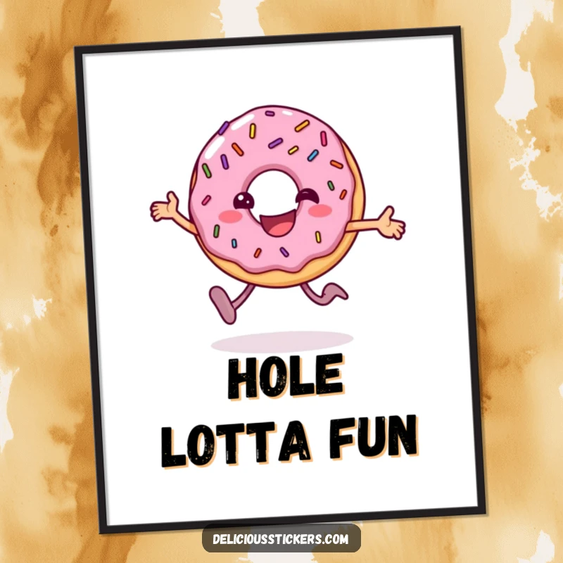 Funny donut digital art print of the character hopping with sprinkles, ready to be printed for instant cheerful wall decor.