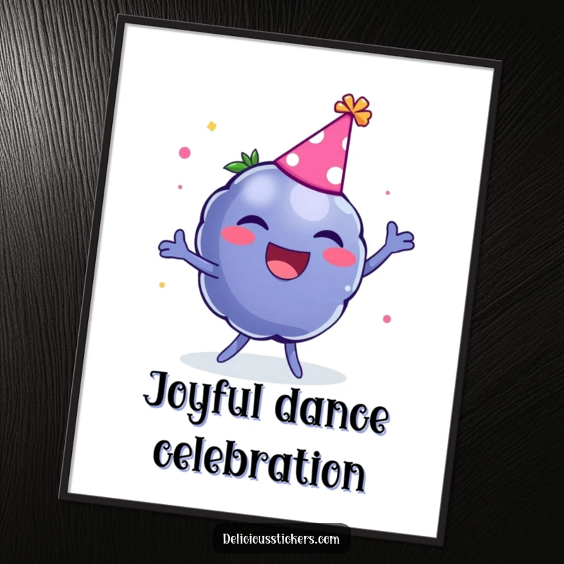 Funny digital art print of a laughing blueberry wearing a party hat and dancing, ready for instant decor.