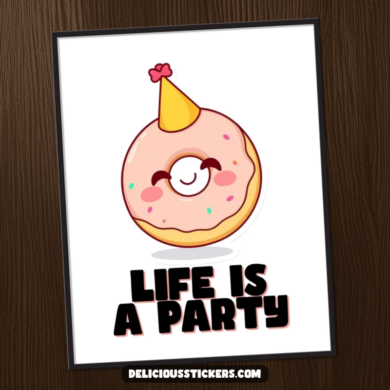 Funny digital art print of a happy doughnut character with a party hat, caught in a moment of sweet, infectious giggling.