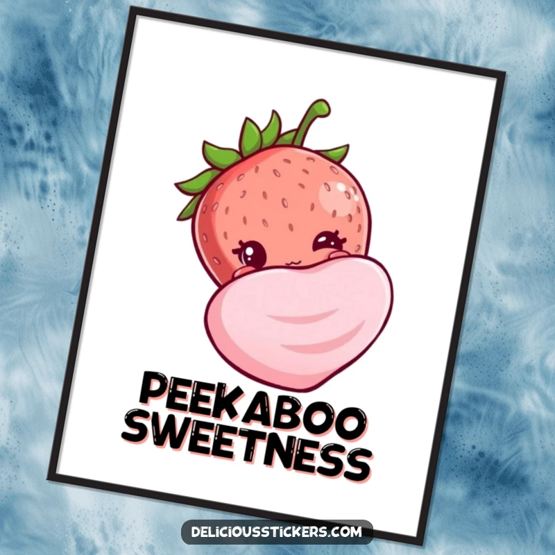 Funny shy strawberry digital art print, peeking bashfully from behind a large candy, conveying sweet, adorable charm instantly.