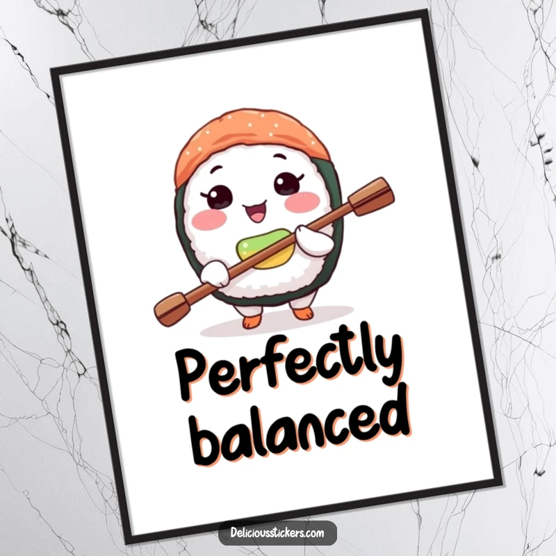 Funny sushi balance digital art print of a joyful sushi character balancing a tiny paddle on its nose, symbolizing skill.
