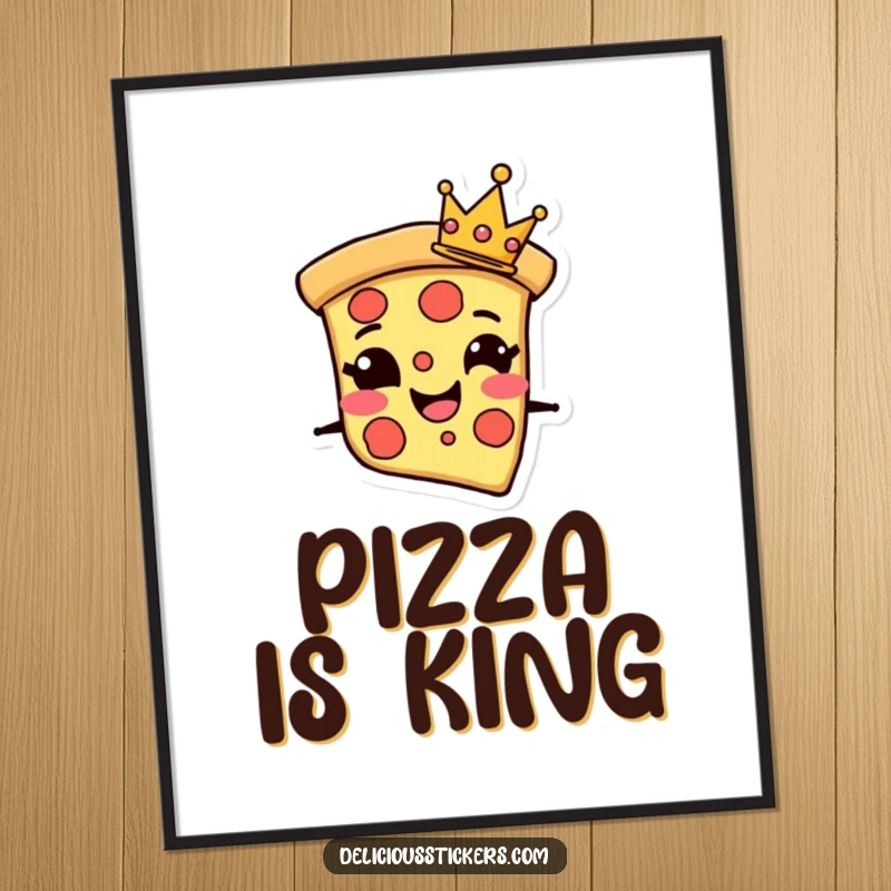 Funny Digital Art Print of a grinning pizza slice character wearing a tiny crown, perfect for instant wall art.