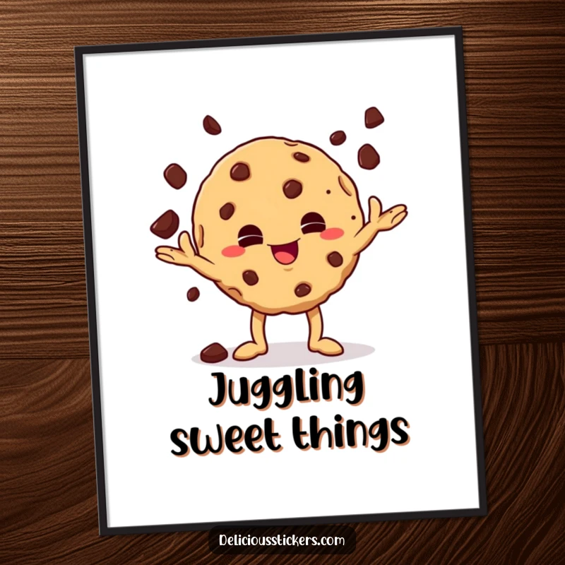 Funny mischievous cookie character juggling chocolate chips on a digital art print, bringing playful energy and snack-themed humor to decor.