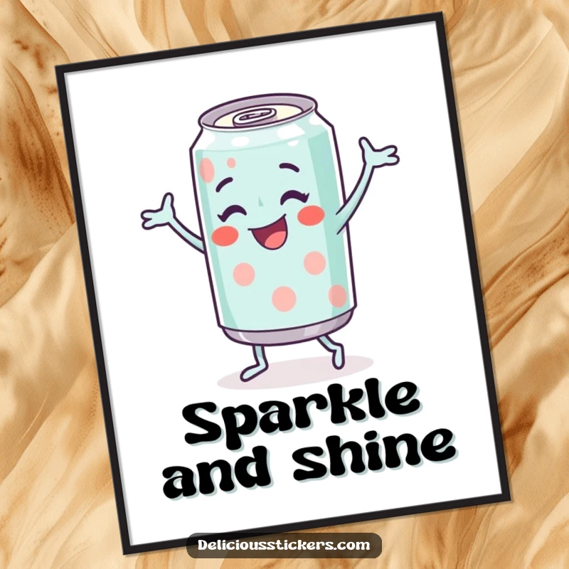 Funny Soda Can Digital Art Print of a cheerful soda can character doing a happy dance, vibrant and energetic.