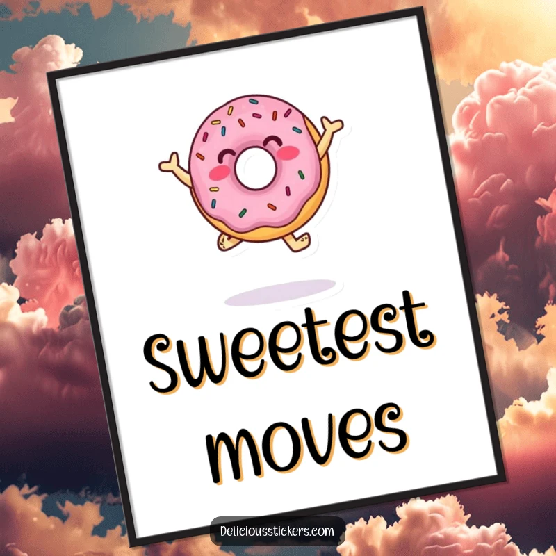 Funny Digital Art Print of a jumping donut character with sprinkles dancing, perfect for instant wall art and sweet decor.