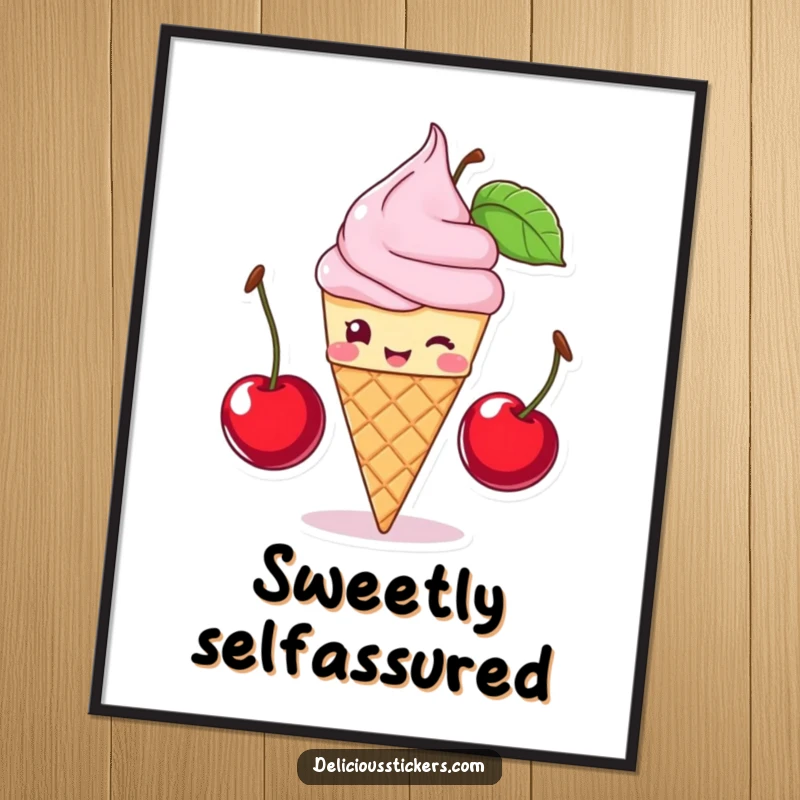 Funny ice cream cone winking and balancing cherries, this downloadable art brings sweet humor, perfect funny gift.