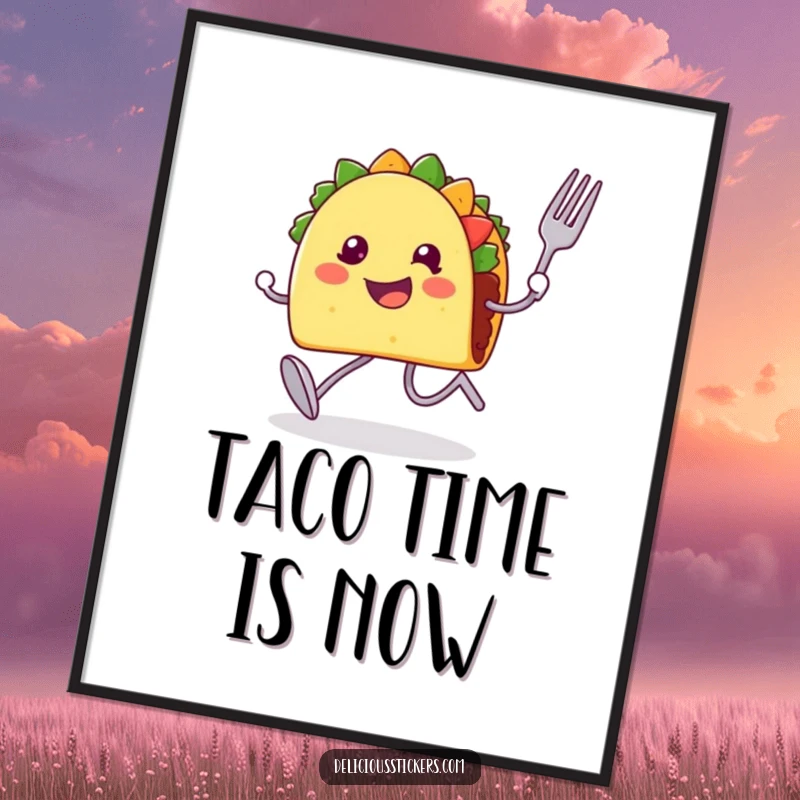 Funny digital art print of a happy taco character running with legs, fork, and spoon.