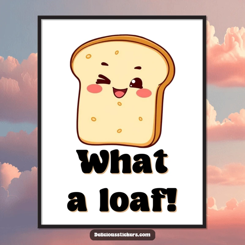Funny digital art print of a bread loaf character giving a mischievous wink and a wide grin, bringing baked goods humor to your walls.