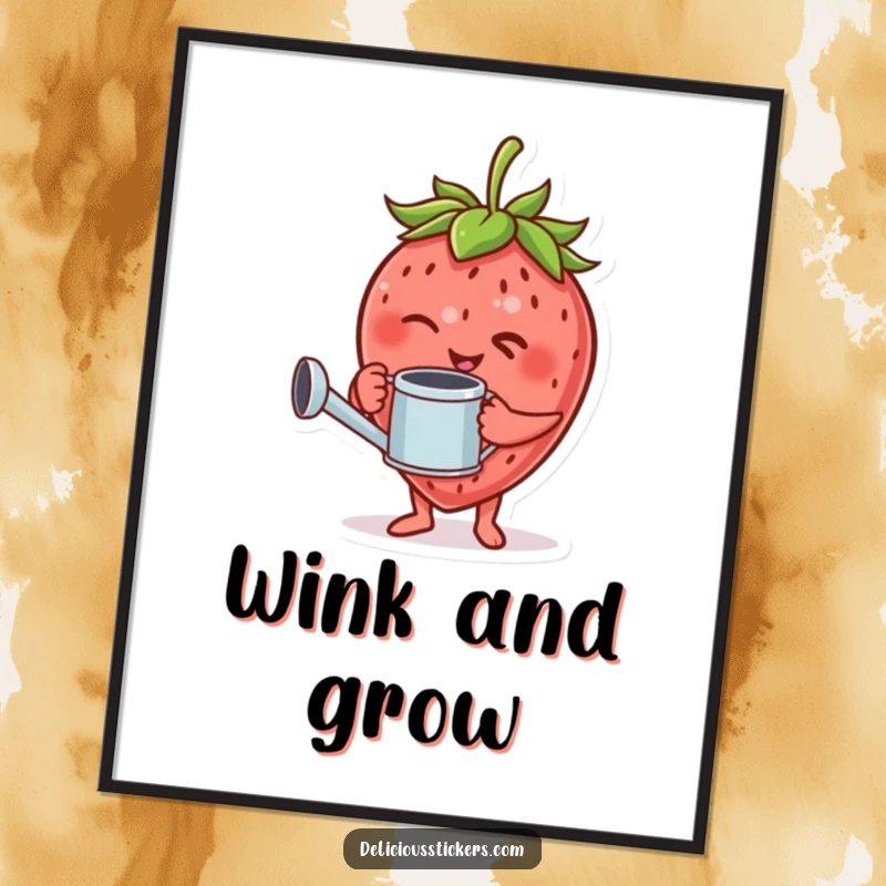 Funny digital art print of a giggling strawberry character holding a tiny watering can and winking.