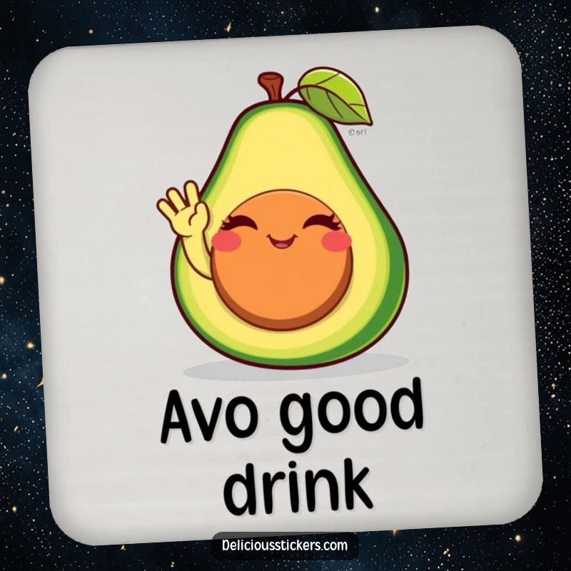 Funny avocado coaster depicting the winking character waving from its pit, providing a humorous and protective element for drink surfaces.
