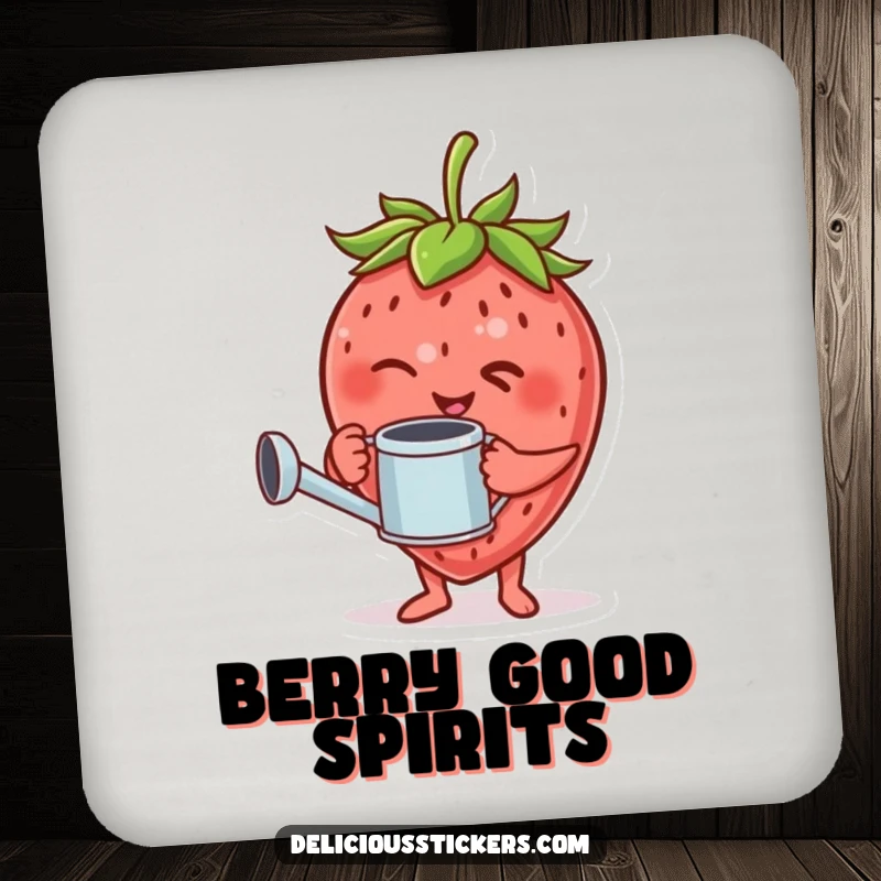 Funny drink coaster with a giggling strawberry character holding a tiny watering can and winking.