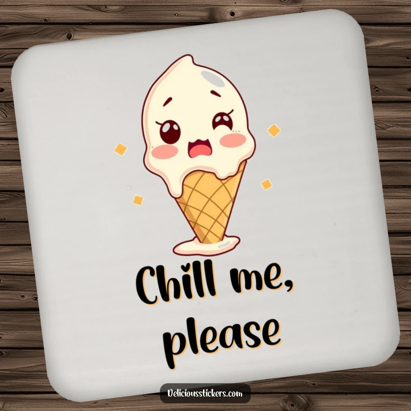 Funny drink coasters featuring a shocked ice cream cone melting slightly, adding a fun and sweet touch to any table.