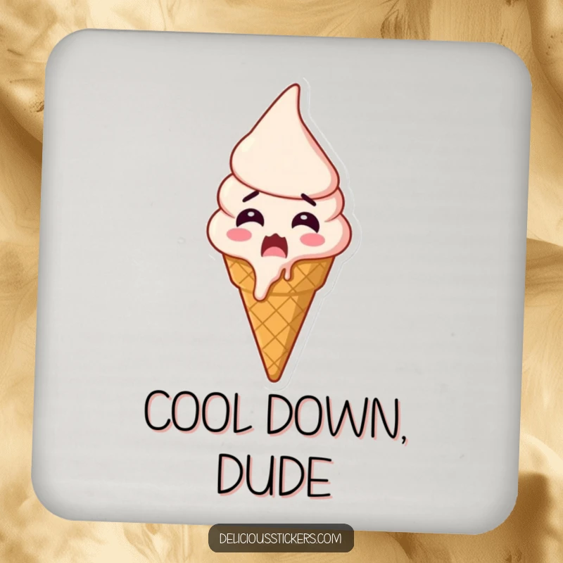 Funny shocked ice cream drink coaster, an ice cream cone melts with shock and excitement, protecting tables with humor.